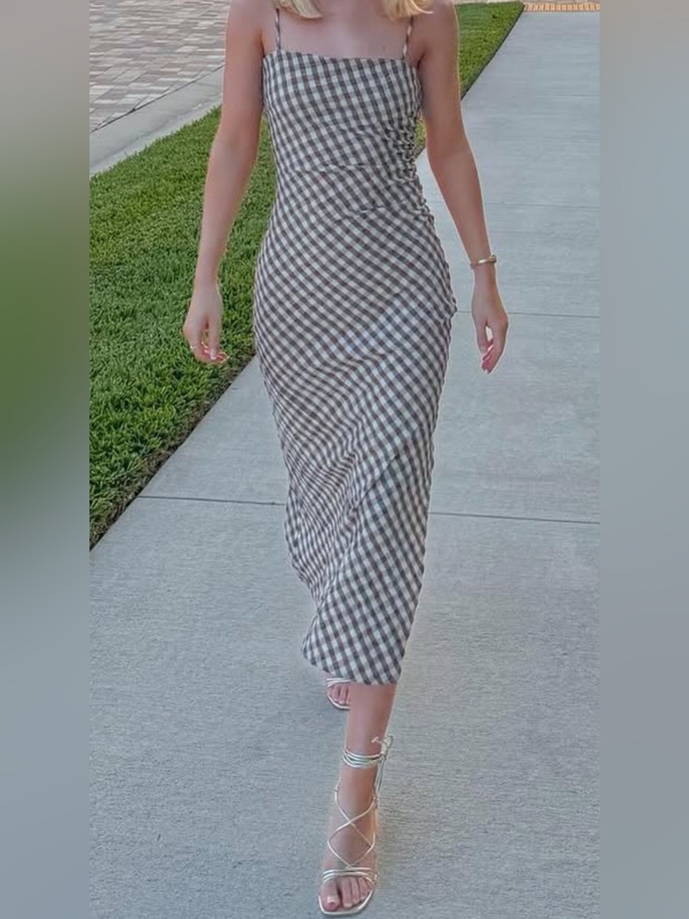House of Harlow 1960 Brown and Cream Gingham Spaghetti Strap Midi Dress